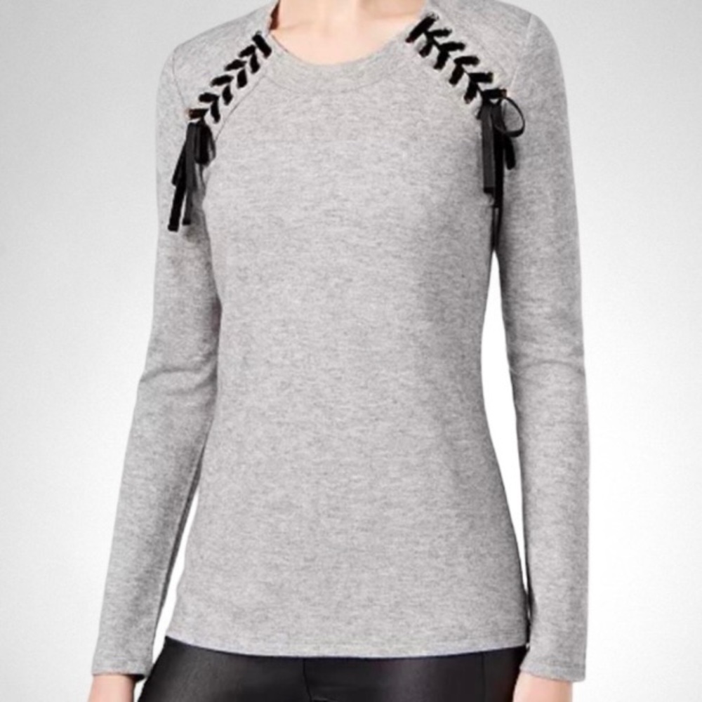 I.N.C. Grey Lighweight Pullover Sweater with Black Velvet Lace Up Detail Large L